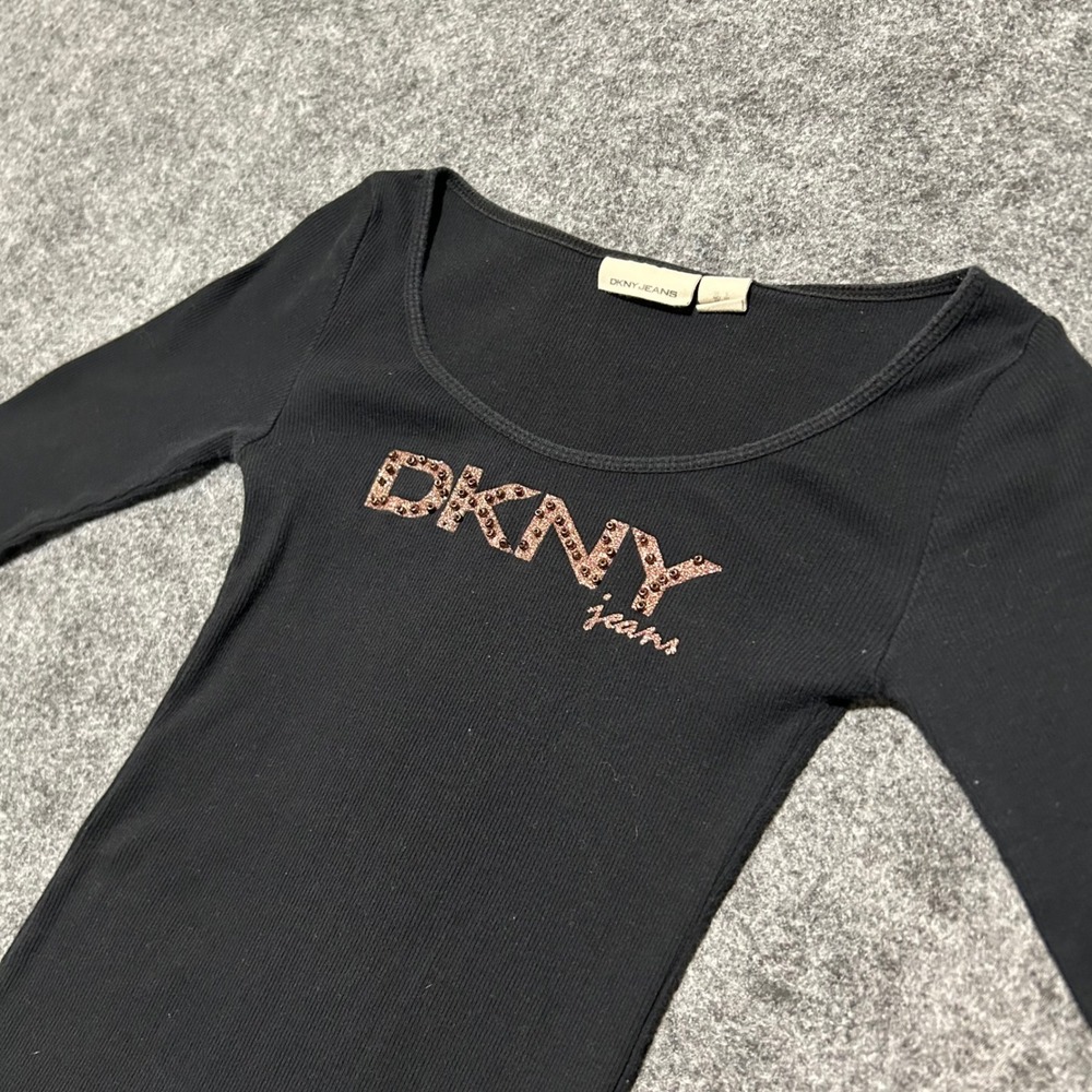 DKNY Jeans Black Ribbed Studded Logo Long Sleeve Scoop Neck Top Size Small